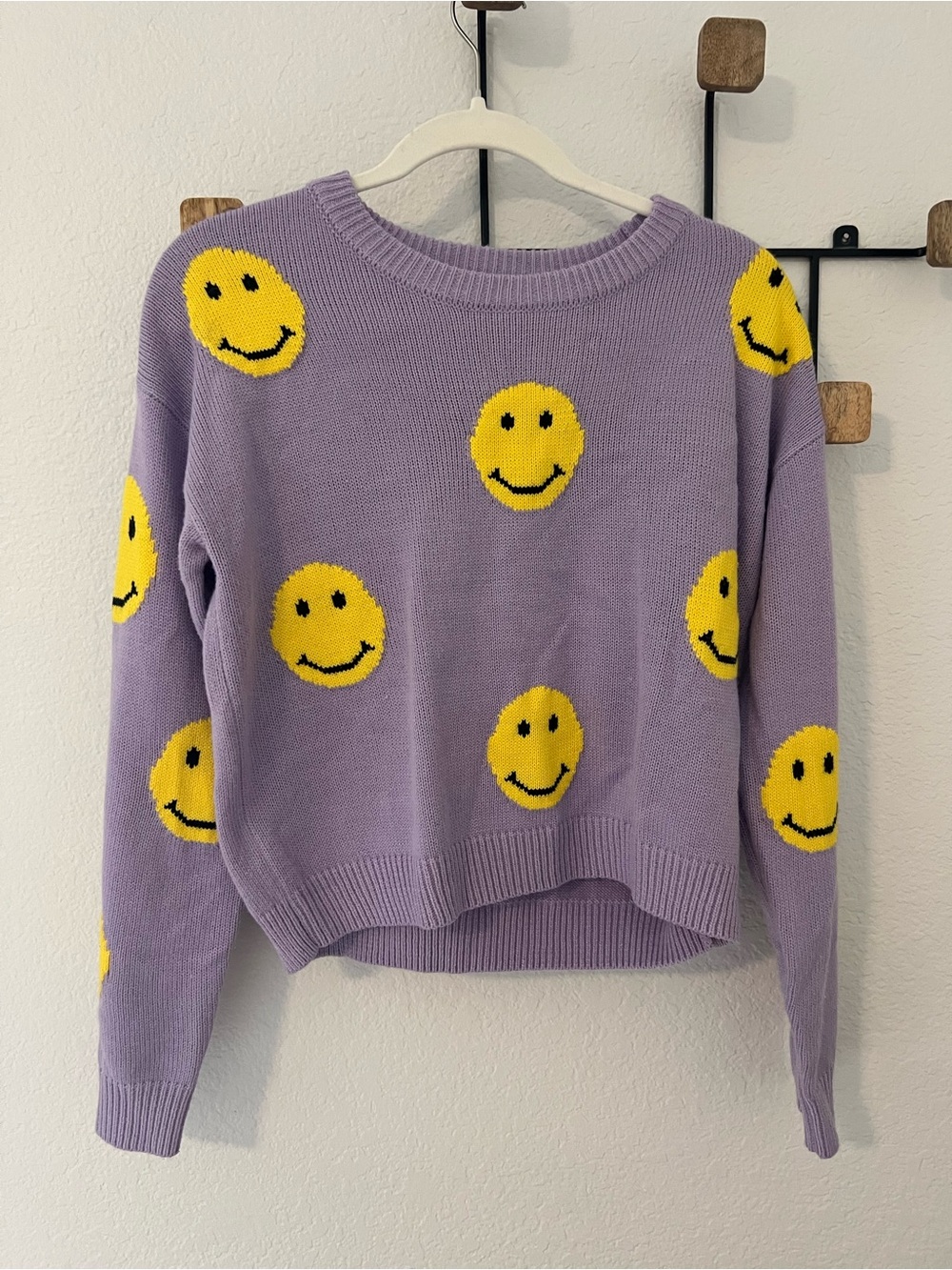 GREY LAB Lavender Crewneck Sweater with Yellow Smiley Faces